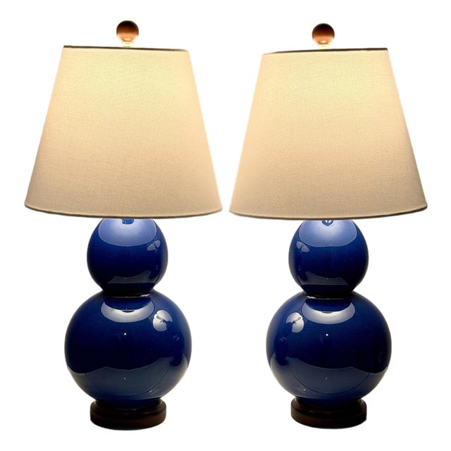 Ralph Lauren Home Cobalt Blue Double Gourd Porcelain Table Lamps – Pair For Sale