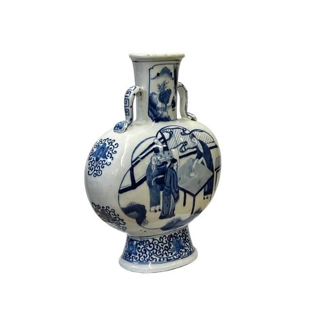 Chinese Blue White Porcelain Oval Flat Body People Theme Vase For Sale - Image 4 of 6