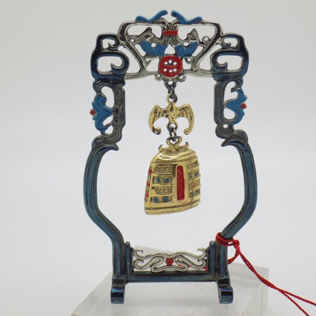 Vintage Italian Silver 800 Chinese Ritual Bell on Stand by Etruria, Florence 1980s For Sale - Image 3 of 12