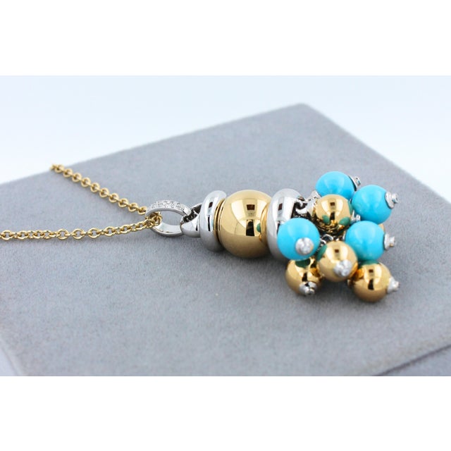 Blue Turquoise Diamonds Golden Sphere Bells Motif Two Tone Gold Pendant Necklace For Sale - Image 13 of 15