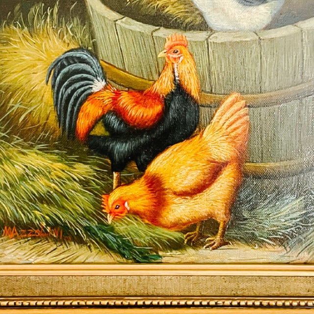 Farmhouse Late 20th Century Framed Rustic Chickens & Rooster Trio in Barnyard Oil Painting For Sale - Image 3 of 8