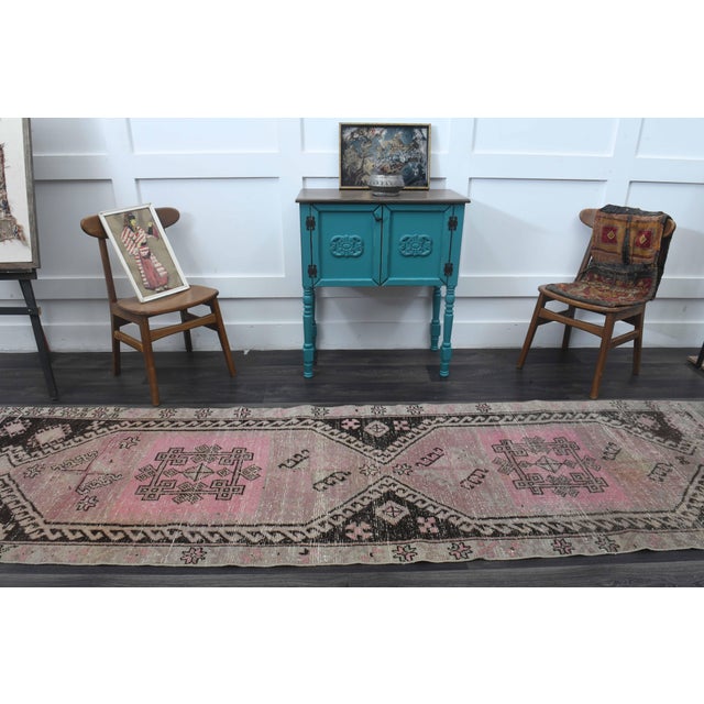 1970s Vintage Handmade Wool Cotton Pink Runner Rug For Sale - Image 4 of 11