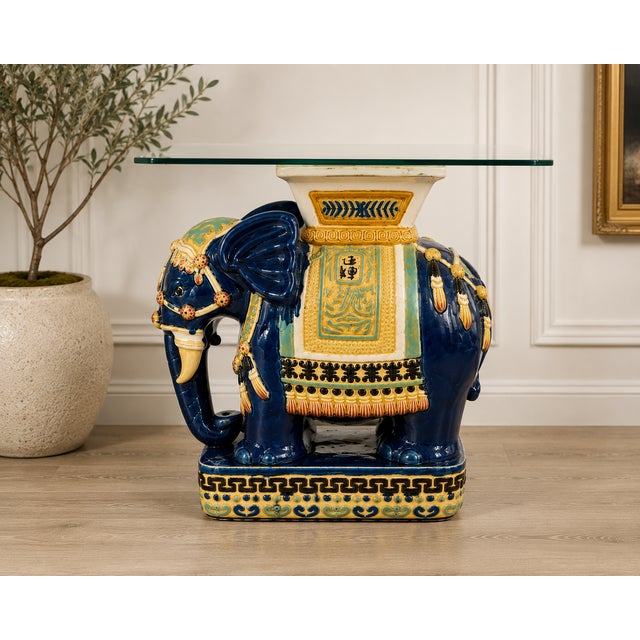 An exceptional vintage Chinese glazed ceramic elephant side table, masterfully crafted with vibrant cobalt blue, celadon,...