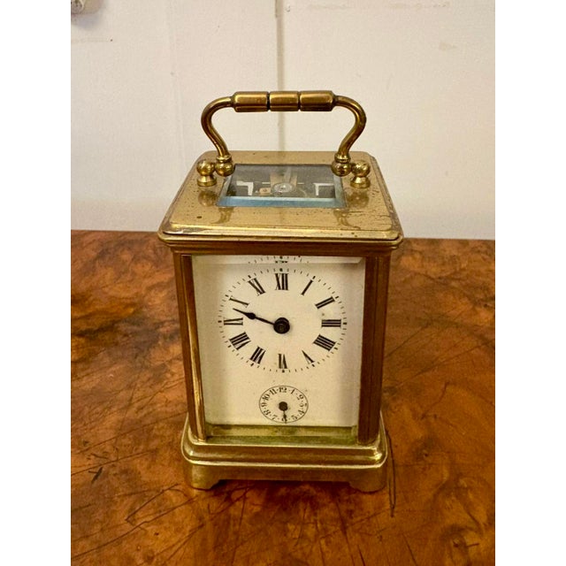 Gold Antique Victorian Miniature Brass Carriage Clock with Alarm, 1890 For Sale - Image 8 of 8