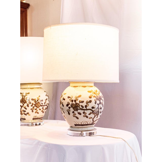 1990s Chinese Brown and White Ginger Jar Lamps, a Pair For Sale - Image 9 of 10