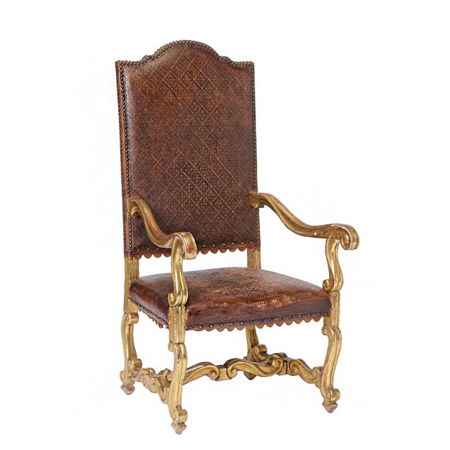 Pair of Louis XIV Armchairs in Tooled Leather and Gilt Wood, Late 18th C. For Sale - Image 4 of 18
