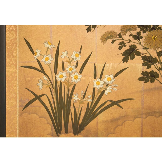 "Flowers of the Four Seasons", 1970s Showa Era Japanese Painted Byobu Screen For Sale In Dallas - Image 6 of 18