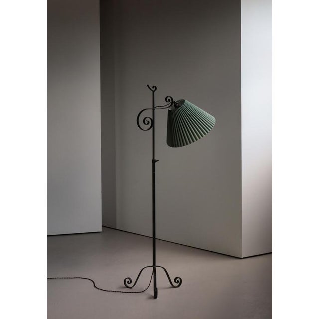 Art Deco Scandinavian Floor Lamp in Wrought Iron with Pleated Shade, 1930s For Sale - Image 4 of 17