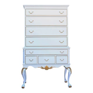 1960's White and Gold Chippendale Style Highboy of Six Drawers For Sale