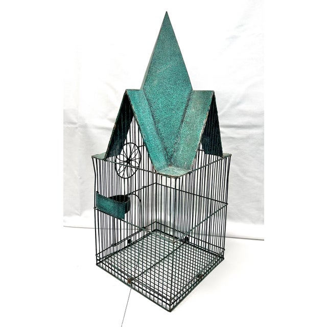 Vintage Architectural Metal Birdcage With Green Patina Roof For Sale - Image 4 of 11