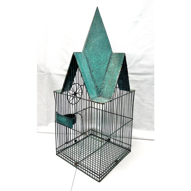 Vintage Metal and Wire Birdcage in Green For Sale - Image 4 of 11