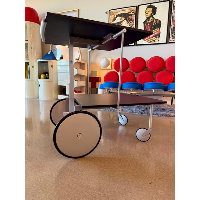 1990s Italian Postmodern Raul Barieri Ycami Attributed Convertible Folding Bar Cart Italian Aluminum Coffee Table Adjustable Mago For Sale In Las Vegas - Image 6 of 18