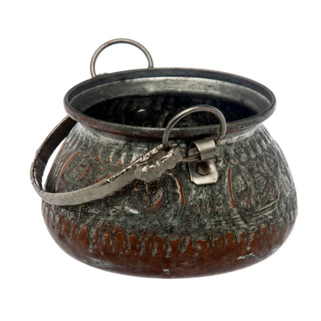 Early 20th Century Persian Ornate Hand Tooled & Tinned Copper Calderon For Sale - Image 4 of 9