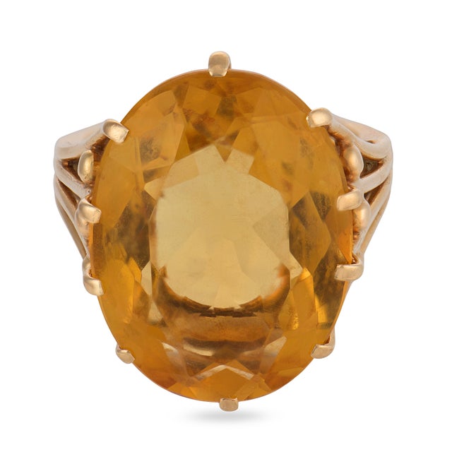 Contemporary Vintage 14.00 Carat Citrine 14k Yellow Gold Cocktail Ring, Size 5.75 For Sale - Image 3 of 6