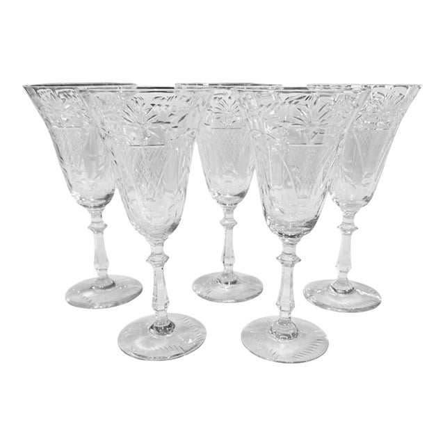 1940s Vintage Hand Blown Crystal Water Goblets - Set of 5 For Sale