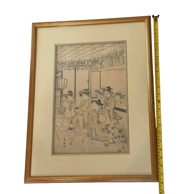 Mid 20th Century Framed Japanese Woodblock Print “Gathering in the Pagoda” For Sale - Image 10 of 12