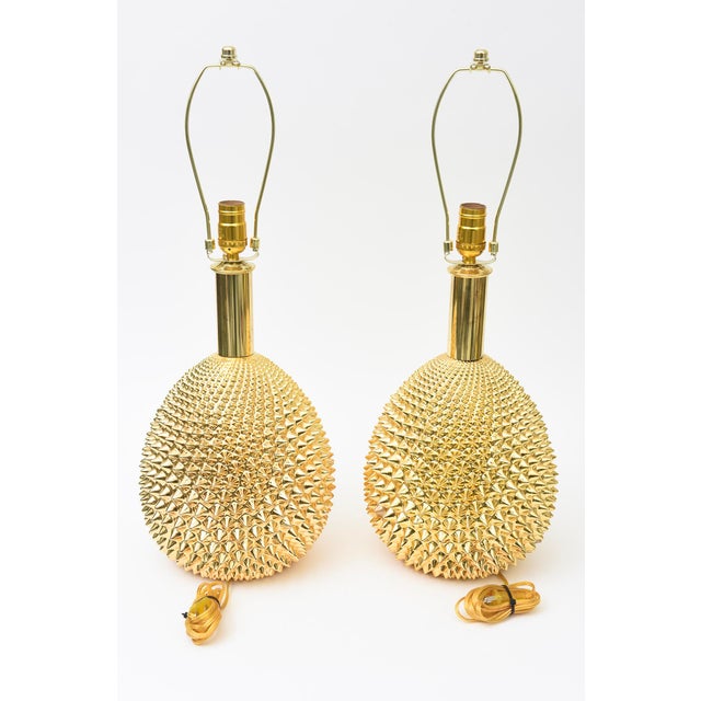 Vintage Rare Italian Studded Spiky Gold Polychrome Sculptural Ceramic Lamps Pair of Restored For Sale - Image 11 of 12