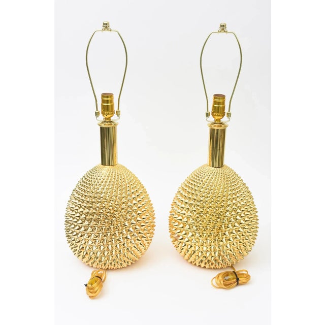 Vintage Studded Spiky Gold Polychrome Sculptural Ceramic Lamps Italy, Restored, 1970's For Sale - Image 11 of 12