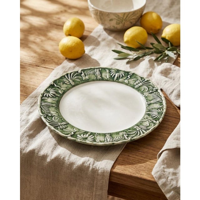 2000 - 2009 Les-Ottomans Italian Ceramic Tropical Jungle Relief Plate – Hand-Painted Green & White For Sale - Image 5 of 9