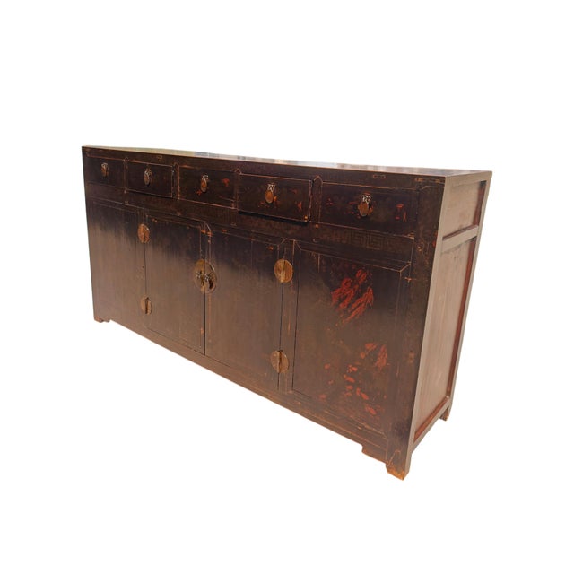 Chinese Antique Chinese Tall Sideboard With Faded Hand-Painted Doors, Red-Brown Patina For Sale - Image 3 of 3
