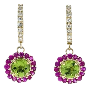 3.16 Ct Peridot, Sapphire, Diamond 14 Karat Yellow Gold Drop Earrings - 2 Pieces