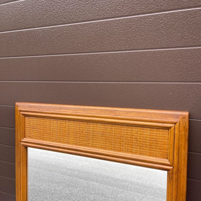 Mid-Century Modern Vintage Drexel Passage Collection Oak & Rattan Vertical Wall Mirror For Sale - Image 3 of 11