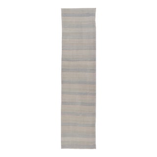 Striped Turkish Vintage Kilim Runner in Ivory and Soft Blue Tones For Sale