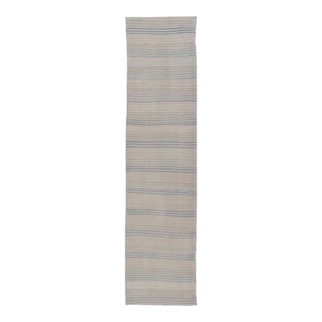 Striped Turkish Vintage Kilim Runner in Ivory and Soft Blue Tones For Sale