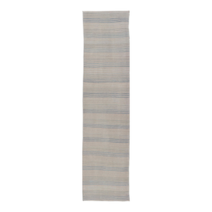 Striped Turkish Vintage Kilim Runner in Ivory and Soft Blue Tones