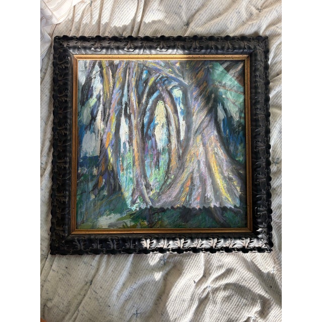 1980s Vibrant Pastel Landscape in Vintage Leaf Motif Frame For Sale In Greenville, SC - Image 6 of 6