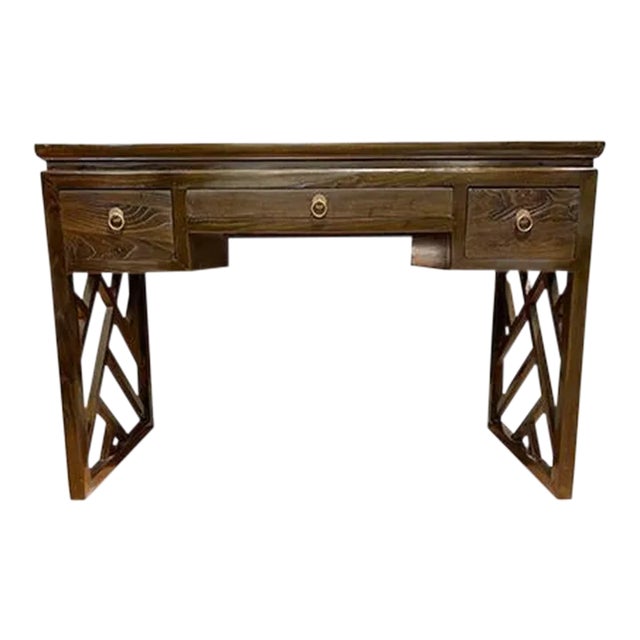 1980s Asian Dark Brown Panel Legs Writing Desk For Sale
