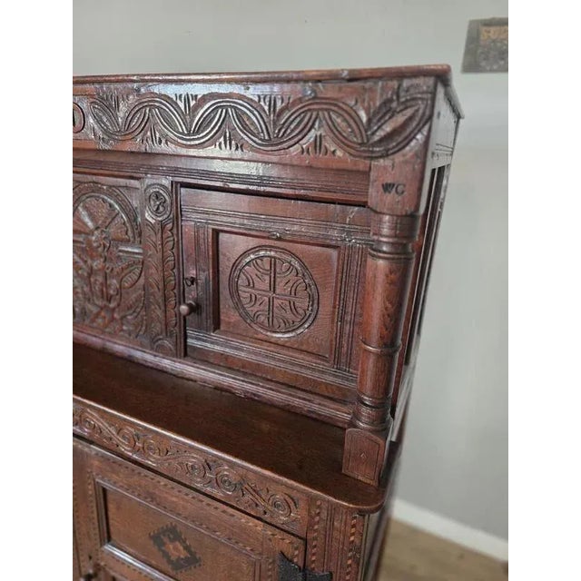Antique Oak Inlaid Court Cupboard For Sale - Image 4 of 11