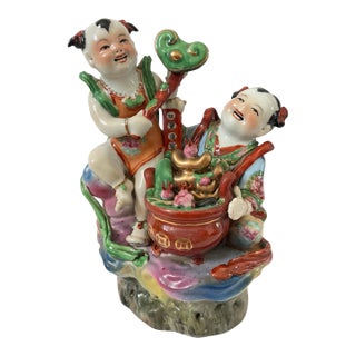 Vintage Chinese Lucky Boy and Girl Porcelain Hand Painted Statue Figurine For Sale