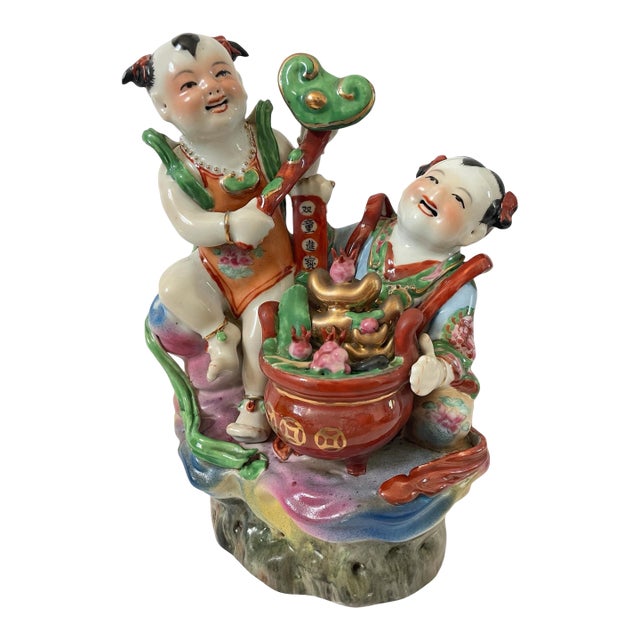 Vintage Chinese Lucky Boy and Girl Porcelain Hand Painted Statue Figurine For Sale