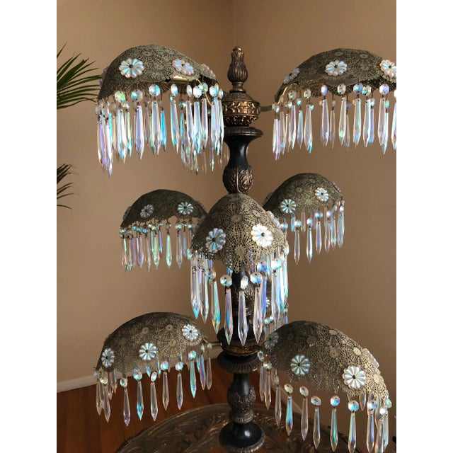 Metal Vintage Art Deco Nouveau Crystal Filigree Brass Chandelier Table Lamp For Sale - Image 7 of 10