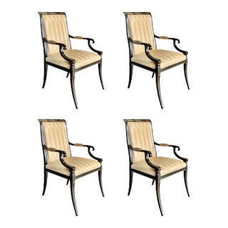 Vintage Regency Style Chinoiserie “Royal Pavilion” Dining Arm Chairs in Black Lacquer by Karges - Set of 4 For Sale