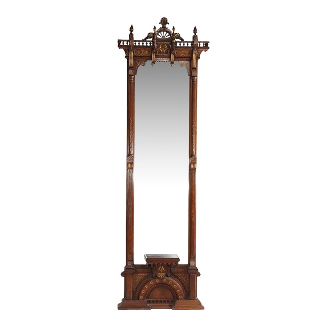 Eastlake Aesthetic Walnut Burl Hall Mirror Gilt Highlights C1870 For Sale