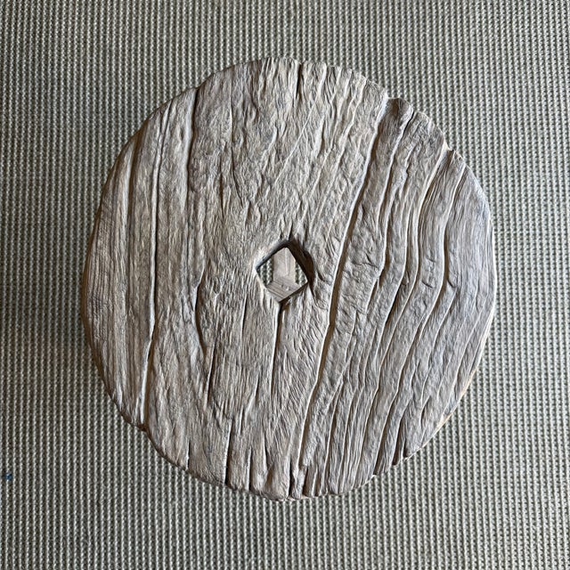 Brown Vintage Elm Wood Wheel Side Table #E90 For Sale - Image 8 of 8