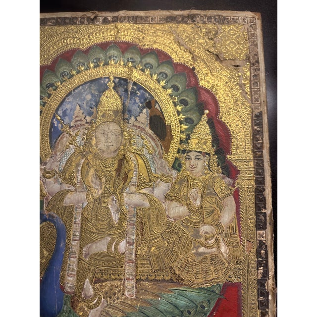 19th C Indian Thanjavur Tanjore Painting Gold Gilt Murugan on His Peacock Antique Multimedia Collage South India For Sale - Image 10 of 16