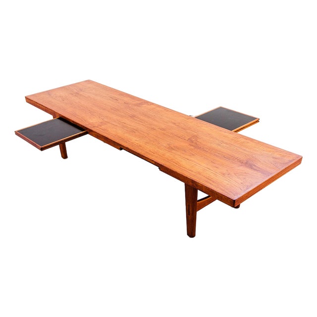 Large 1960s Danish Modern Studio Crafted Teak Coffee Table With Hidden Drink Trays For Sale
