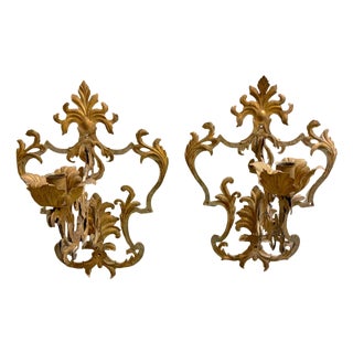 Large Pair Venetian Gilt & Polychromed Tole Candle Sconces Italy, circa 1890s For Sale