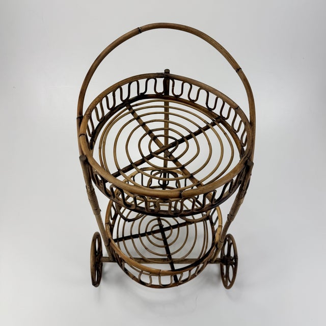 1950s Vintage Bamboo Rattan Serving Bar Cart, Italy, 1950s For Sale - Image 5 of 9