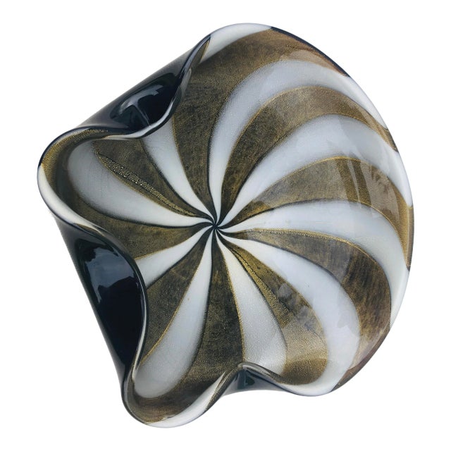 Mid Century Modern Alfredo Barbini Black and White Gold Flex Italian Bowl. For Sale