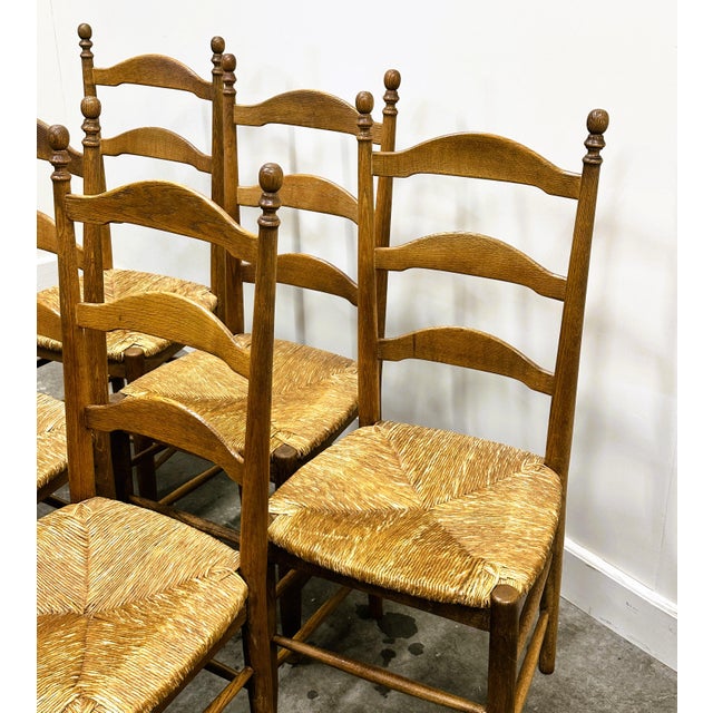 105cm high x 44cm deep x 45cm wide. Seat height 45cm. Set of 6 French Provence Oak Farmhouse Rush Seat Dining Chairs - Set...