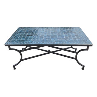 44" Rectangular Handmade Moroccan Petrol Blue Mosaic Coffee Table For Sale
