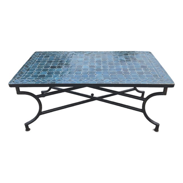 44" Rectangular Handmade Moroccan Petrol Blue Mosaic Coffee Table For Sale
