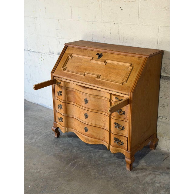 Oak Bureau With Drop-Front Desk and Three Serpentine Drawers Danish Mid-Century Modern 1970s For Sale - Image 10 of 11