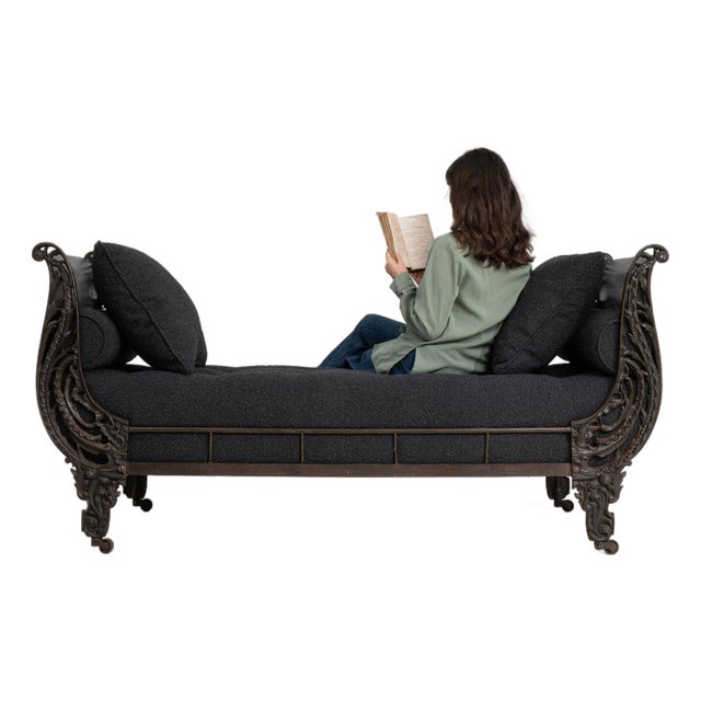 19th Century France Deep Ebony Black Carved Daybed With Upholstered Bolsters For Sale