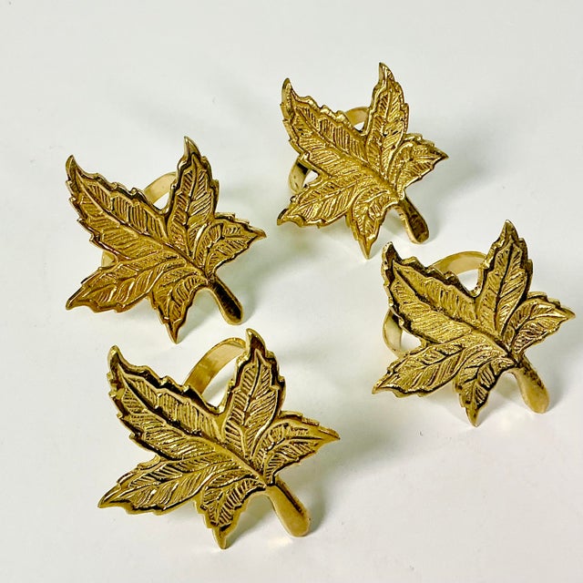 1980s Vintage Boho Chic Adirondack Arts & Crafts Rustic Brass Maple Leaf Napkin Rings - Set of 4 For Sale - Image 16 of 16