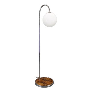 Art Deco Chrome Floor Lamp with Milk Glass Globe and Walnut Base, Former Czechoslovakia, 1930s For Sale